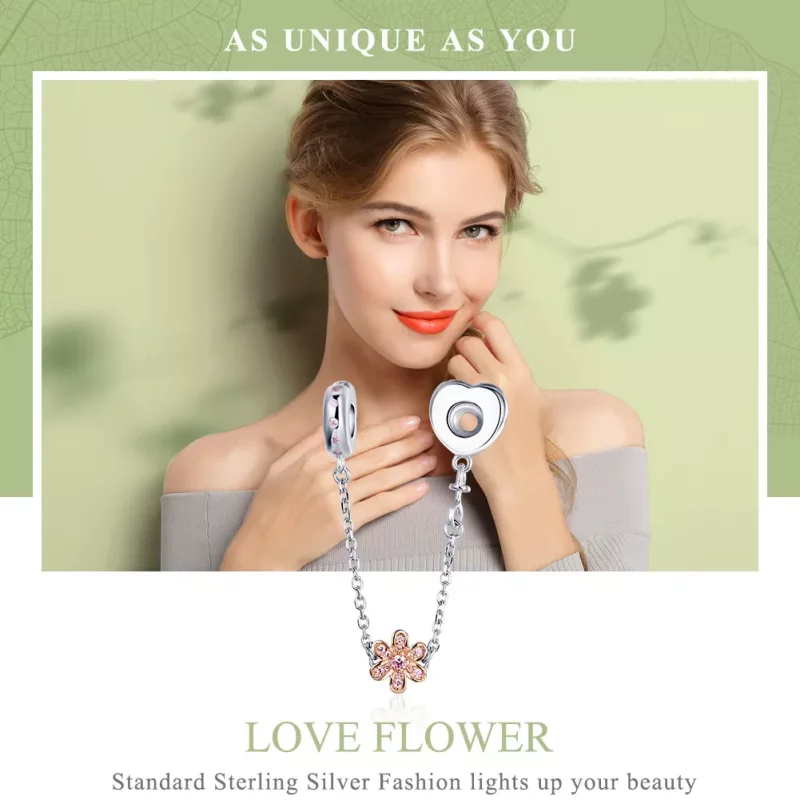 (imagen para) Pulsera de seguridad en estilo Pandora, con cadena plateada y charm de flor de a - Ver 2