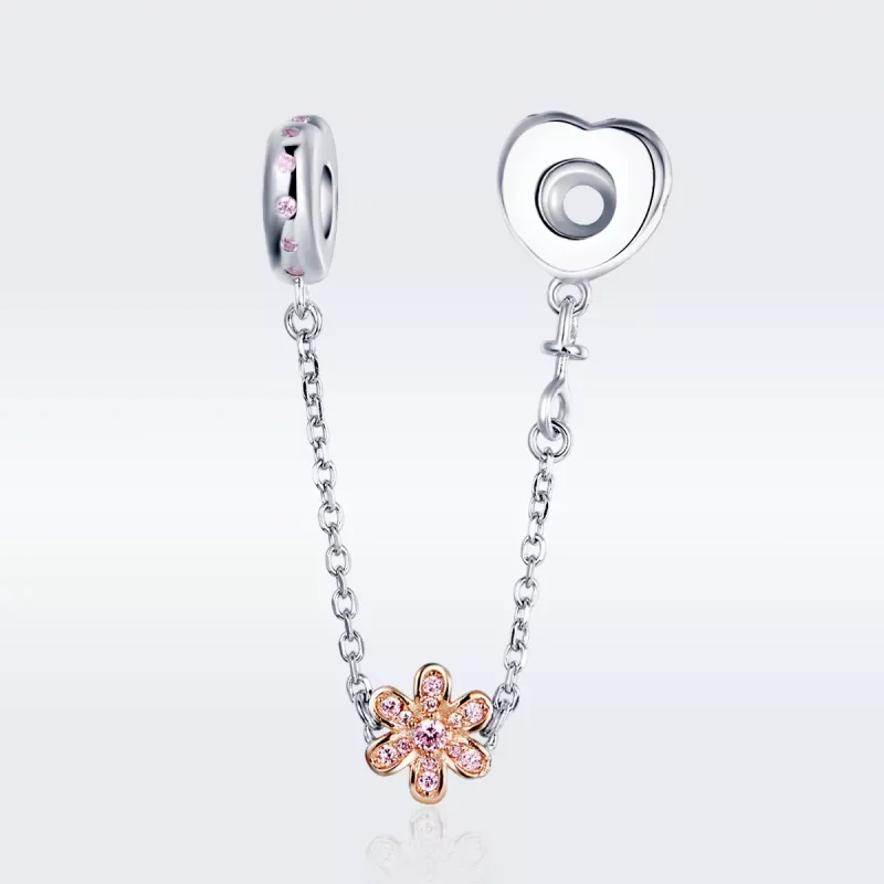 (imagen para) Pulsera de seguridad en estilo Pandora, con cadena plateada y charm de flor de a - Ver 3