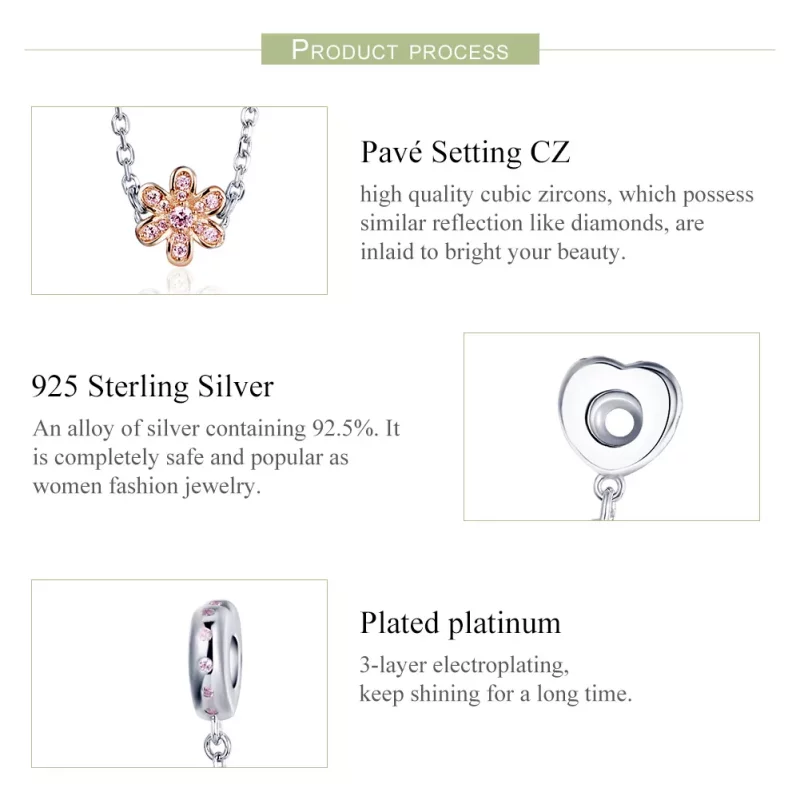 (imagen para) Pulsera de seguridad en estilo Pandora, con cadena plateada y charm de flor de a - Ver 4