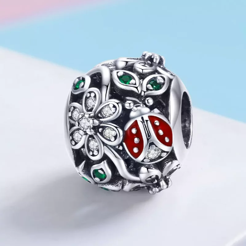 (imagen para) Pulsera estilo Pandora con charm de mariquitas y flores en plata - SCC926 - Ver 2
