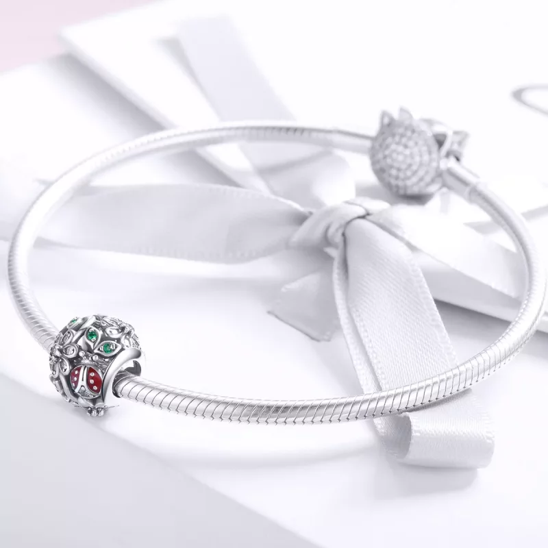 (imagen para) Pulsera estilo Pandora con charm de mariquitas y flores en plata - SCC926 - Ver 3