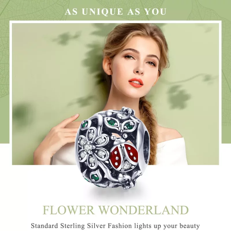 (imagen para) Pulsera estilo Pandora con charm de mariquitas y flores en plata - SCC926 - Ver 6