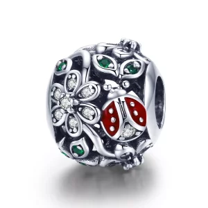 (imagen para) Pulsera estilo Pandora con charm de mariquitas y flores en plata - SCC926