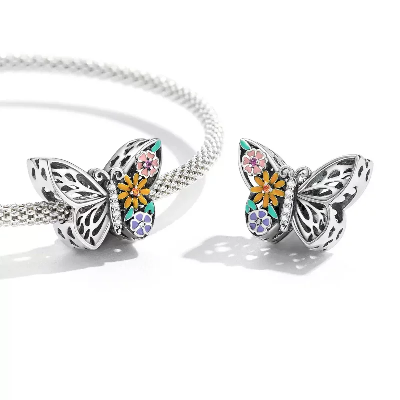 (imagen para) Pulsera estilo Pandora con encanto de flor y mariposa - BSC588 - Ver 3