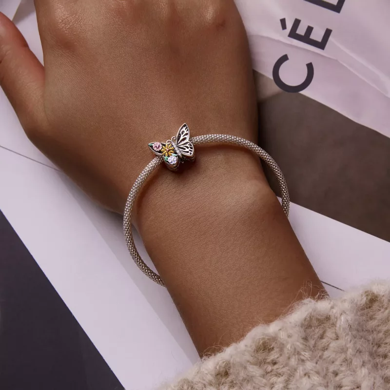 (imagen para) Pulsera estilo Pandora con encanto de flor y mariposa - BSC588 - Ver 5