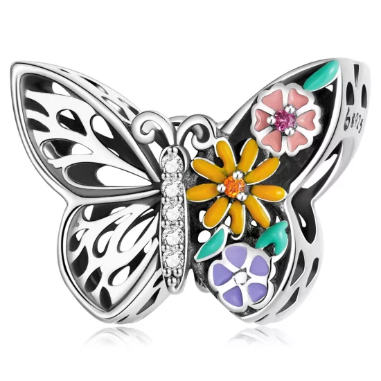 (imagen para) Pulsera estilo Pandora con encanto de flor y mariposa - BSC588
