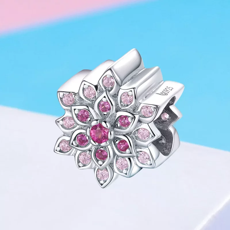 (imagen para) Pulsera plateada estilo Pandora con dije de loto rojo - BSC038 - Ver 2