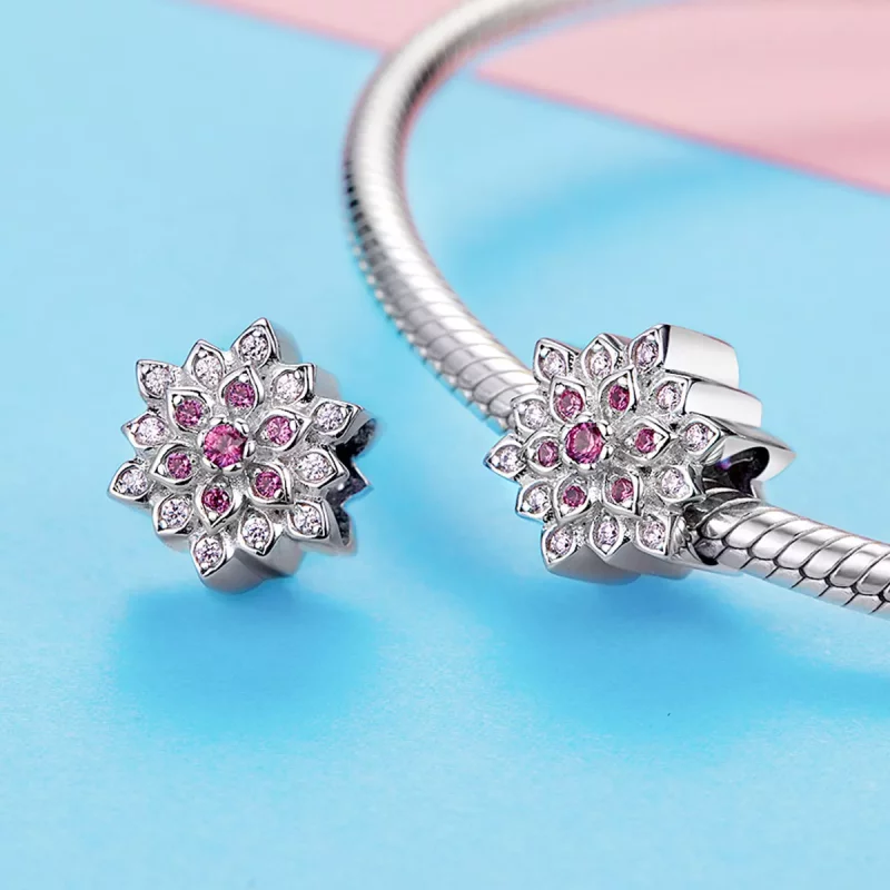 (imagen para) Pulsera plateada estilo Pandora con dije de loto rojo - BSC038 - Ver 3