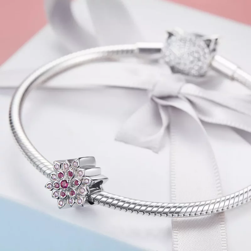 (imagen para) Pulsera plateada estilo Pandora con dije de loto rojo - BSC038 - Ver 4