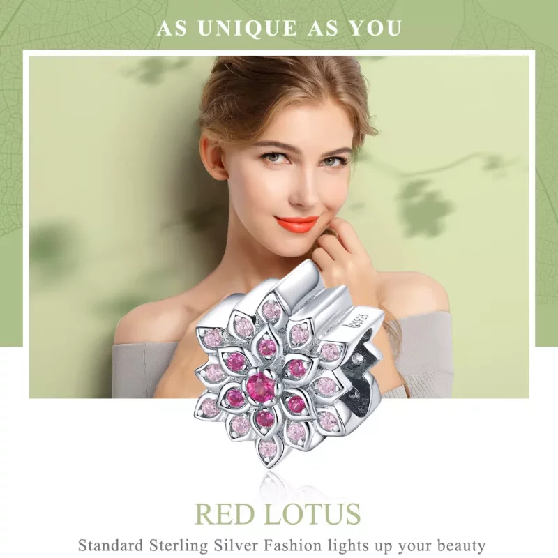 (imagen para) Pulsera plateada estilo Pandora con dije de loto rojo - BSC038 - Ver 6
