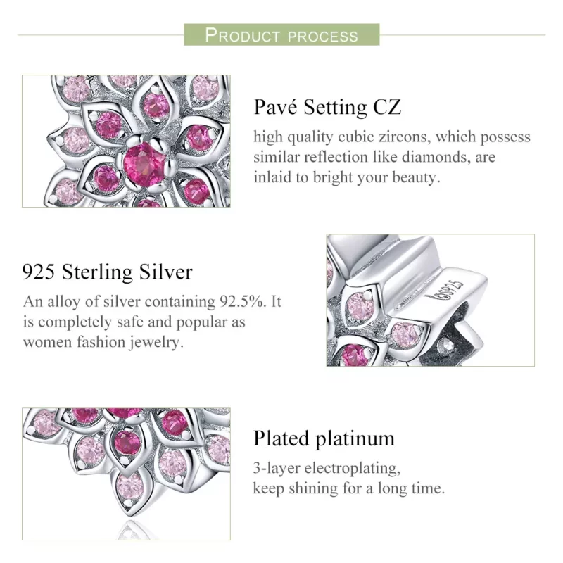(imagen para) Pulsera plateada estilo Pandora con dije de loto rojo - BSC038 - Ver 7