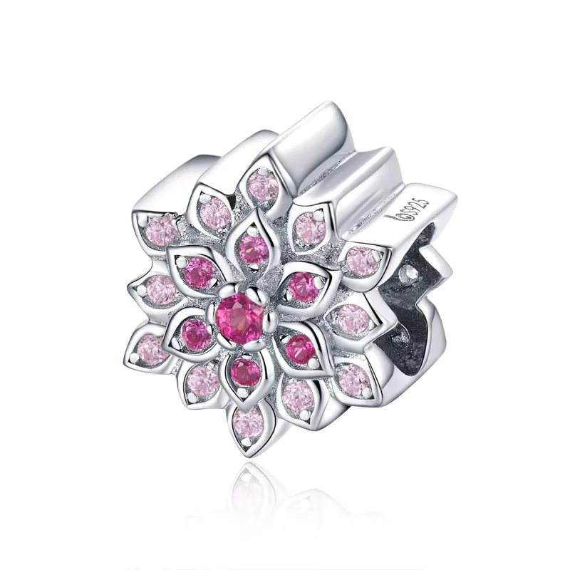 (imagen para) Pulsera plateada estilo Pandora con dije de loto rojo - BSC038