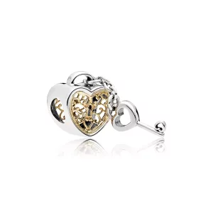 Charm en plata de ley y oro Bloqueo de corazón y llave PANDORA (imagen para) Charm en plata de ley y oro Bloqueo de corazón y llave PANDORA
