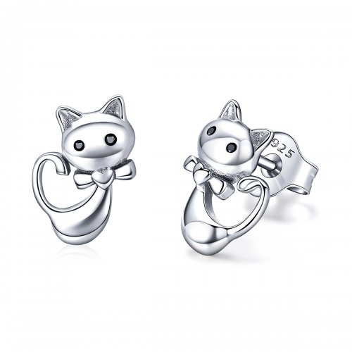 Pendientes de botón de gato adhesivos plateados estilo Pandora - SCE450