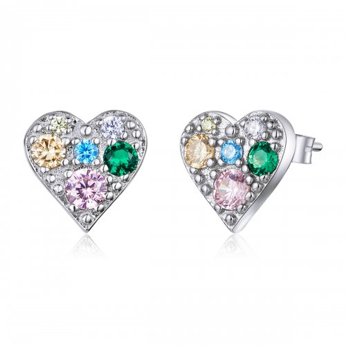 Pendientes de botón estilo Pandora en color plateado con amor colorido - S