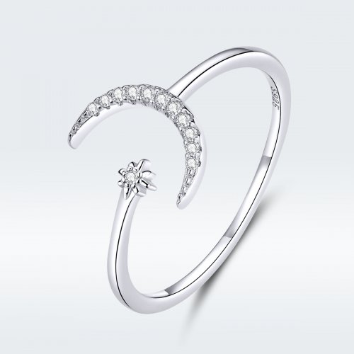 Anillo abierto de estilo Pandora con luna y estrella plateadas - SCR569