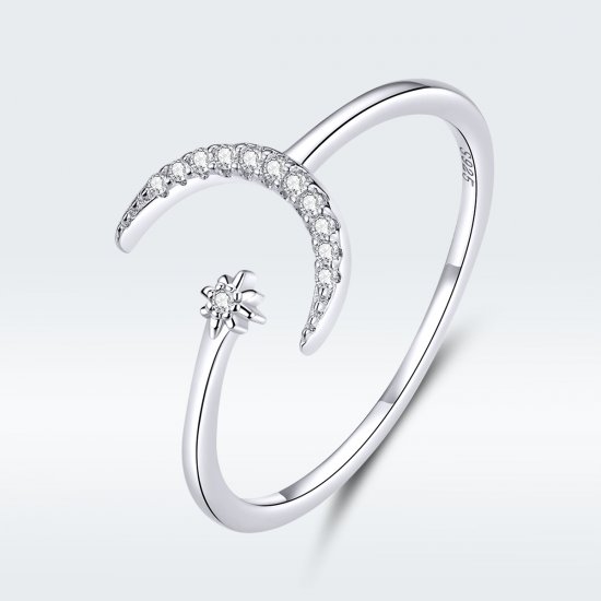 Anillo abierto de estilo Pandora con luna y estrella plateadas - SCR569 - Haga click en la imagen para cerrar