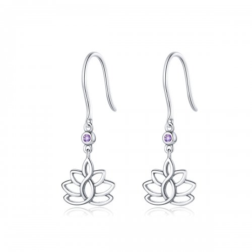 Pendientes colgantes elegantes de flores de loto plateadas estilo Pandora - BSE451