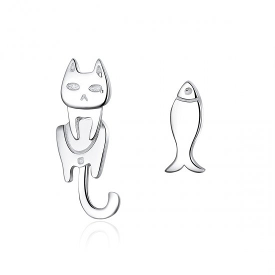 Pendientes de tuerca Pandora Style de plata con diseño de gato y pez - SCE488 - Haga click en la imagen para cerrar