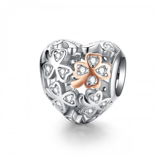 Charm estilo Pandora de plata y oro rosa con trébol de cuatro hojas - SCC1248