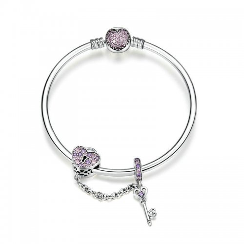 Pulsera estilo Pandora plateada con llave rosa y candado con corazón pavé - SCB820
