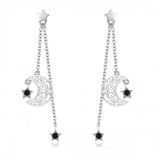 Pendientes colgantes de estilo Pandora con luna y estrellas en plata - SCE528