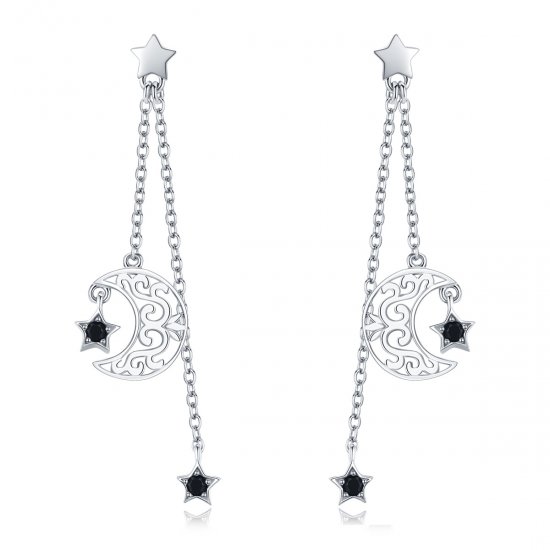 Pendientes colgantes de estilo Pandora con luna y estrellas en plata - SCE528 - Haga click en la imagen para cerrar
