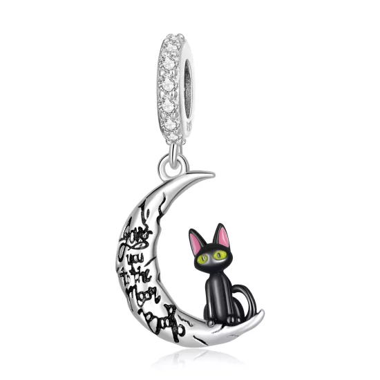 (imagen para) Colgante de Gato Negro de Estilo Pandora con Luna - SCC2218