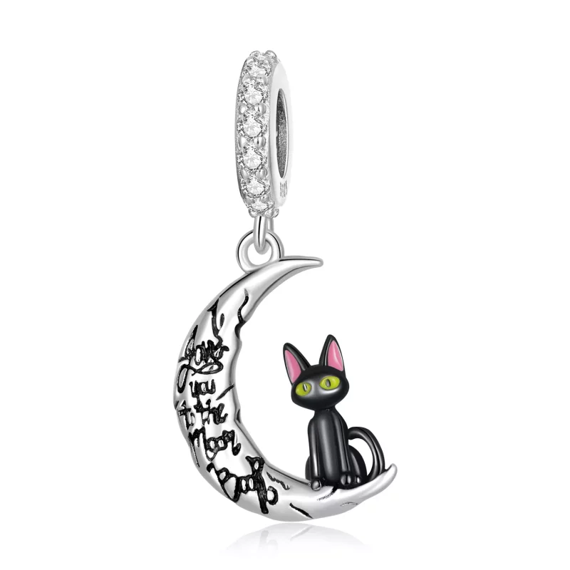 (imagen para) Colgante de Gato Negro de Estilo Pandora con Luna - SCC2218