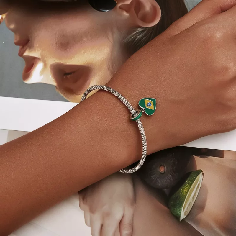 (imagen para) Estilo Pandora Bandera de Brasil con Corazón de Amor Colgante - SCC2084 - Ver 5