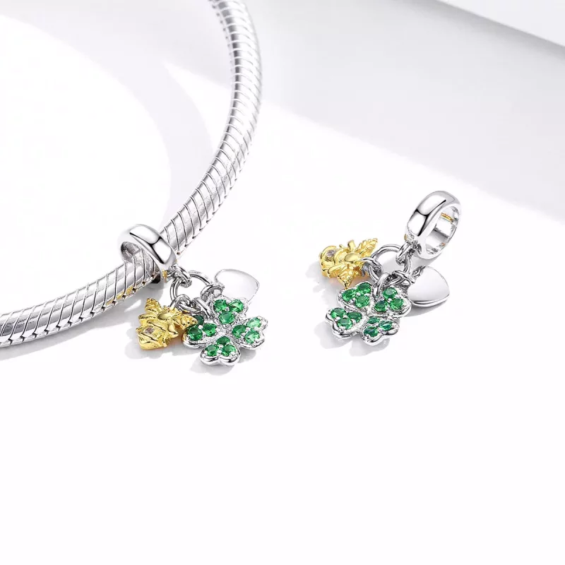 (imagen para) Estilo Pandora de dos tonos, trébol bicolor con abeja colgante - BSC303 - Ver 4