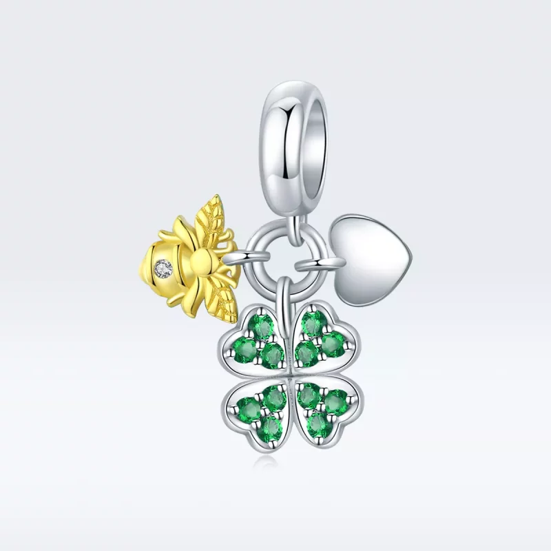 (imagen para) Estilo Pandora de dos tonos, trébol bicolor con abeja colgante - BSC303 - Ver 5