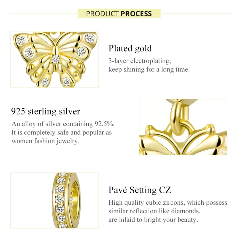 (imagen para) Estilo Pandora Mariposa Dorada con Baño de Oro de 18 quilates - BSC248 - Ver 7