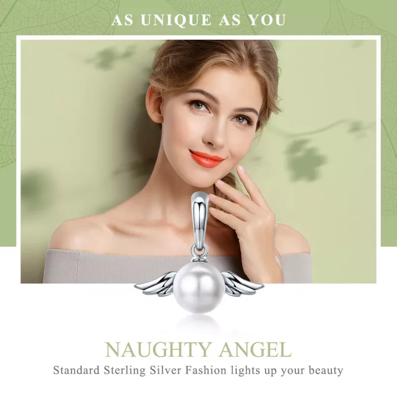 (imagen para) Estilo Pandora Plata Perla Alas de Ángel Colgante - SCC381 - Ver 5