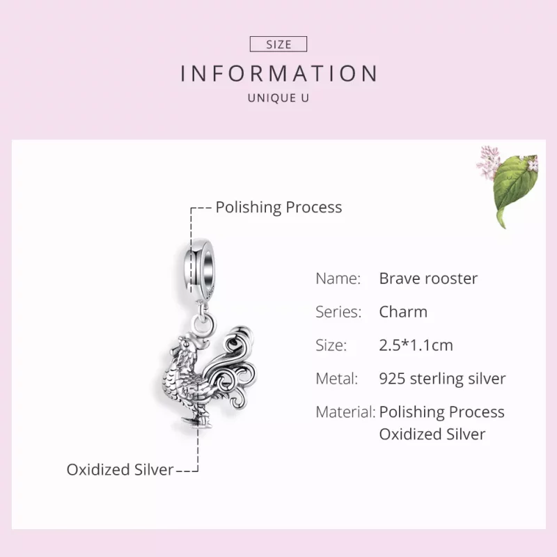 (imagen para) Pendiente colgante de gallo valiente en estilo Pandora de plata - SCC1337 - Ver 7