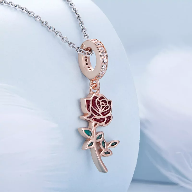 (imagen para) Pendiente de estilo Pandora con rosa roja colgante - BSC642 - Ver 2