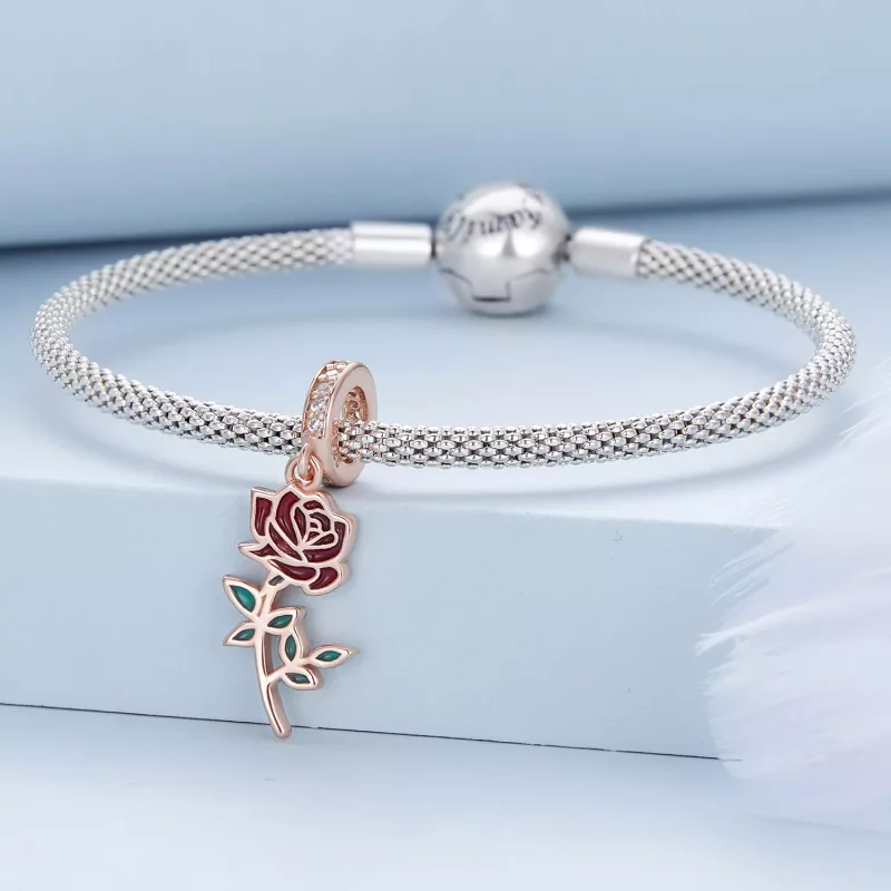 (imagen para) Pendiente de estilo Pandora con rosa roja colgante - BSC642 - Ver 3