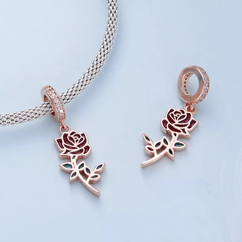(imagen para) Pendiente de estilo Pandora con rosa roja colgante - BSC642 - Ver 4