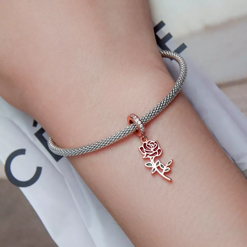 (imagen para) Pendiente de estilo Pandora con rosa roja colgante - BSC642 - Ver 5