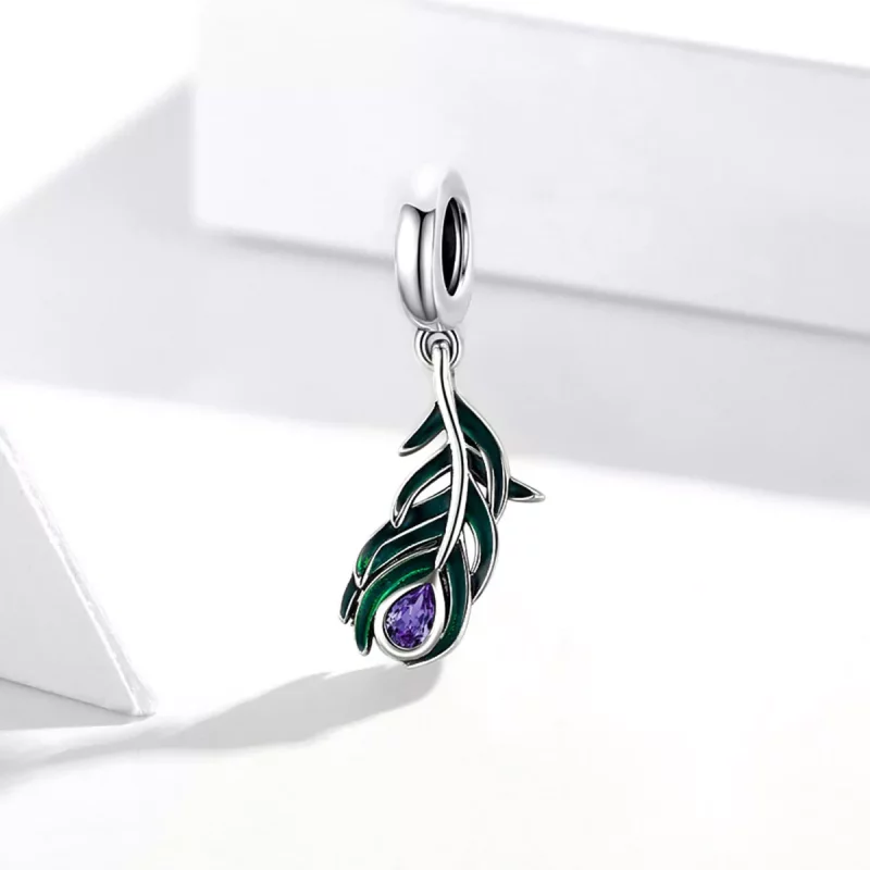 (imagen para) Pendiente de Plata con Colgante de Pluma de Pavo Real Estilo Pandora - SCC1704 - Ver 2