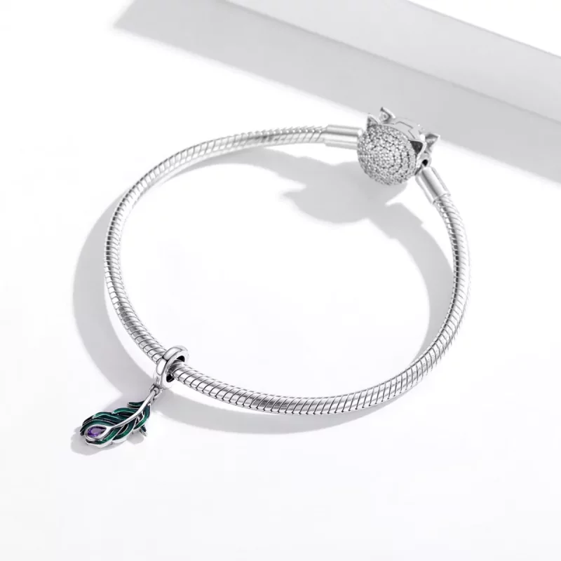 (imagen para) Pendiente de Plata con Colgante de Pluma de Pavo Real Estilo Pandora - SCC1704 - Ver 3