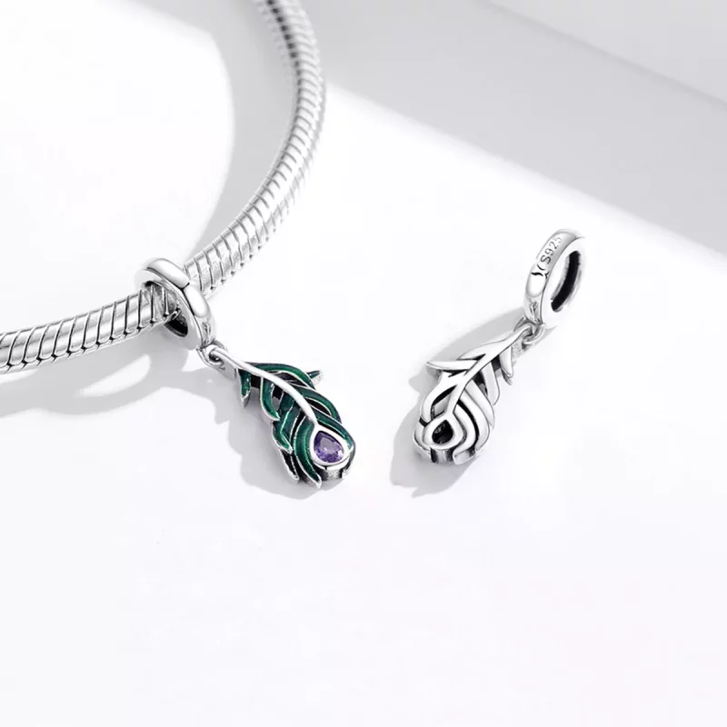 (imagen para) Pendiente de Plata con Colgante de Pluma de Pavo Real Estilo Pandora - SCC1704 - Ver 4