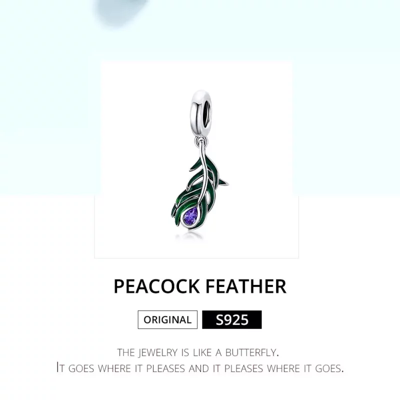 (imagen para) Pendiente de Plata con Colgante de Pluma de Pavo Real Estilo Pandora - SCC1704 - Ver 6