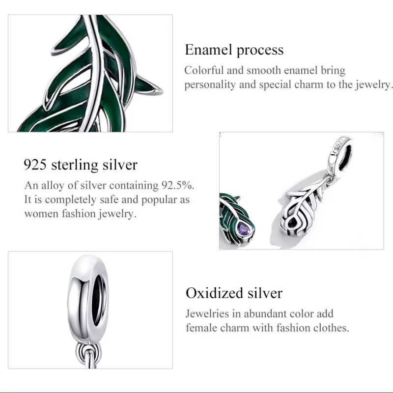 (imagen para) Pendiente de Plata con Colgante de Pluma de Pavo Real Estilo Pandora - SCC1704 - Ver 7