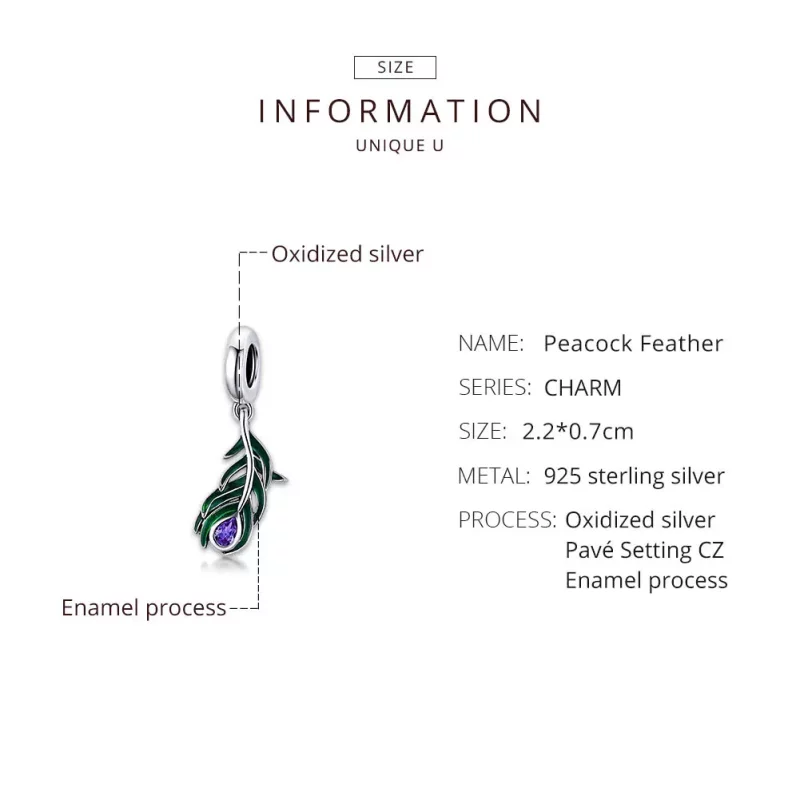 (imagen para) Pendiente de Plata con Colgante de Pluma de Pavo Real Estilo Pandora - SCC1704 - Ver 8