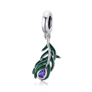 (imagen para) Pendiente de Plata con Colgante de Pluma de Pavo Real Estilo Pandora - SCC1704