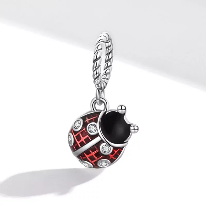 (imagen para) Pendiente de plata estilo Pandora con colgante de mariquita de seis estrellas - - Ver 2