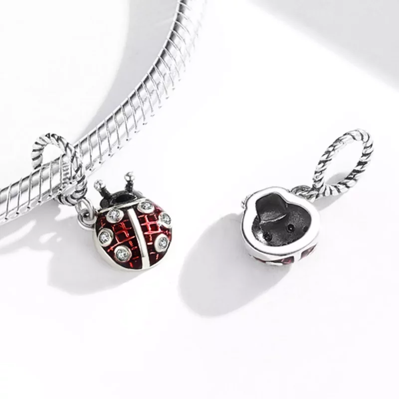 (imagen para) Pendiente de plata estilo Pandora con colgante de mariquita de seis estrellas - - Ver 3