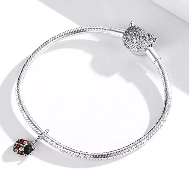 (imagen para) Pendiente de plata estilo Pandora con colgante de mariquita de seis estrellas - - Ver 4