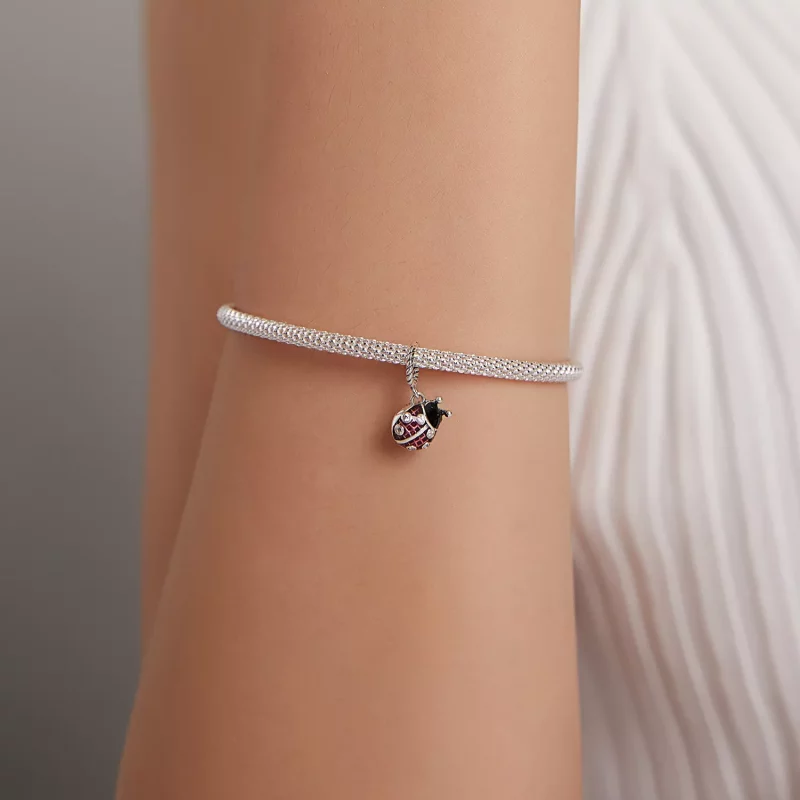 (imagen para) Pendiente de plata estilo Pandora con colgante de mariquita de seis estrellas - - Ver 5